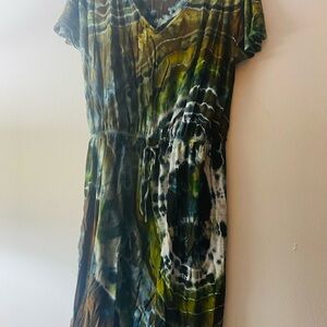 Green earth toned tye dye dress from Etsy. Made on a Gap brand dress in XL.